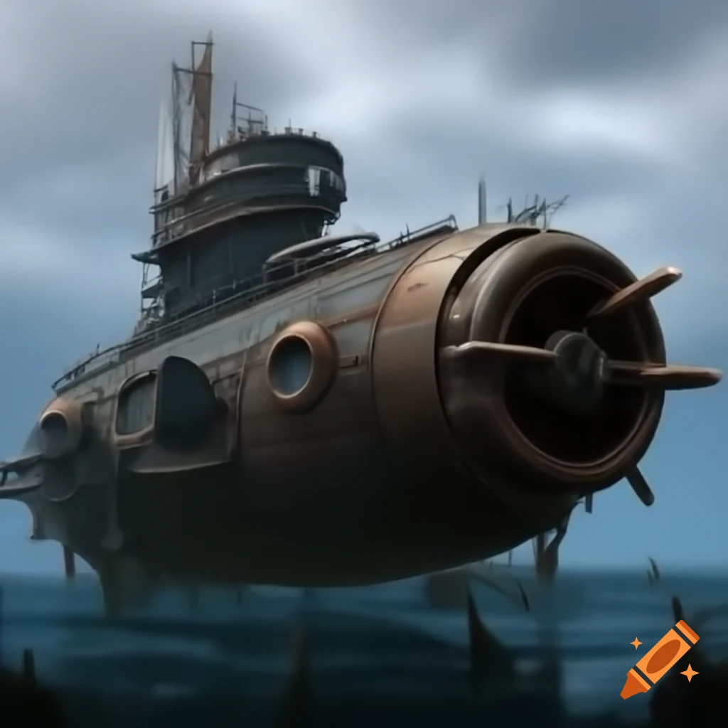 Steampunk submarine submerged underwater with a rusty appearance
