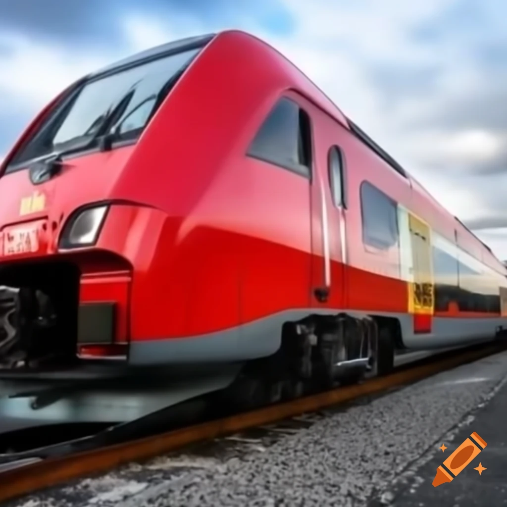Modern red train in urban setting