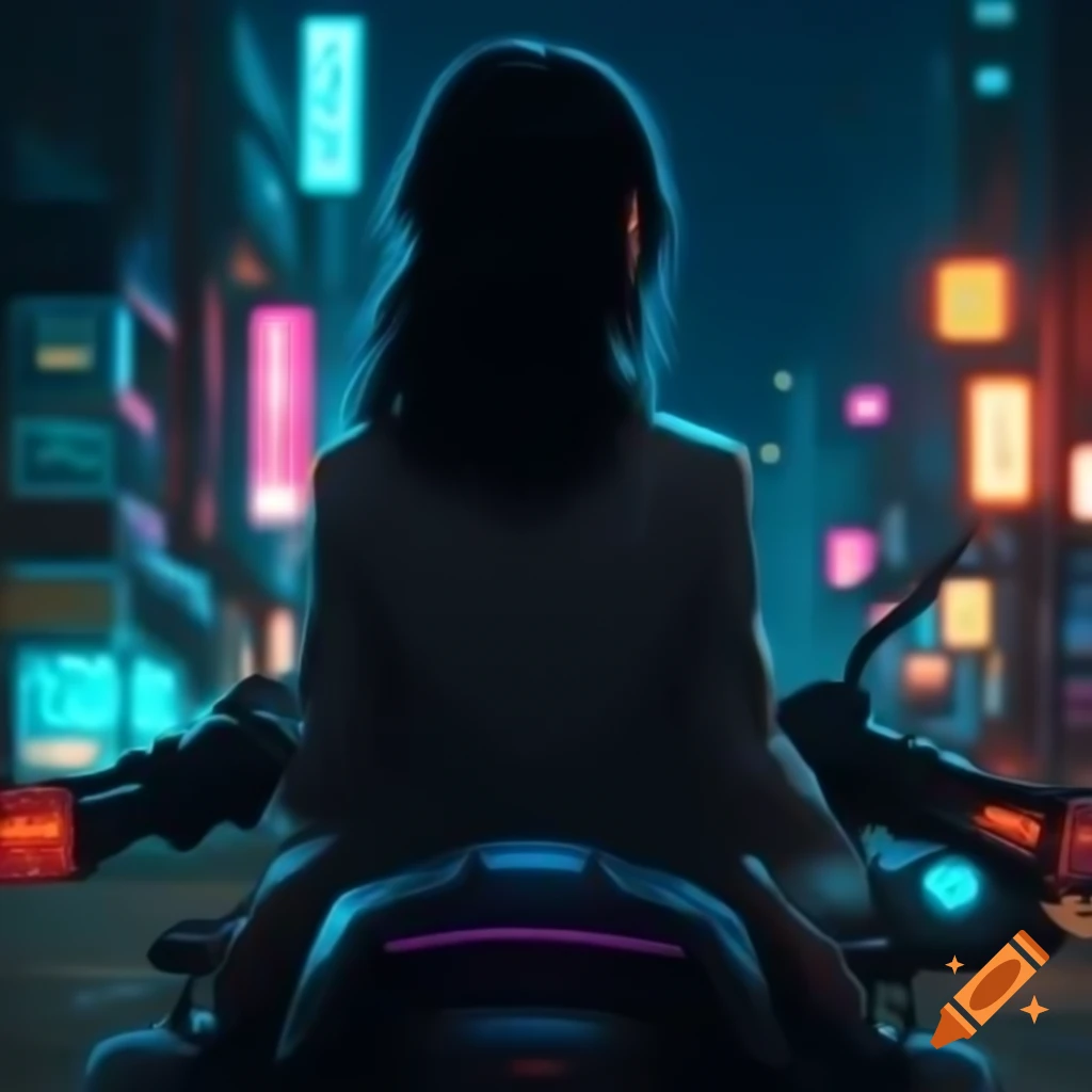 Young woman on motorcycle at night with futuristic neon-lit buildings