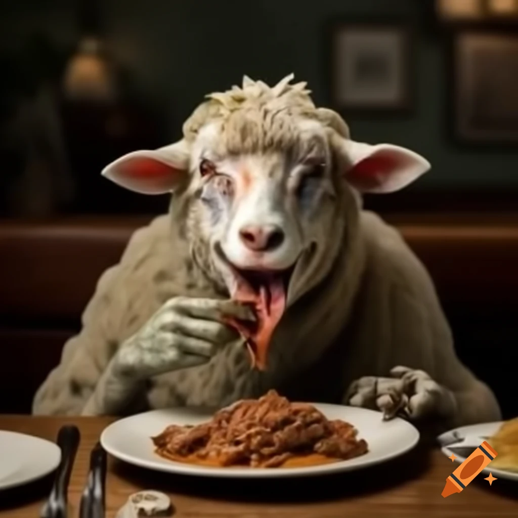 Zombie sheep eating meat