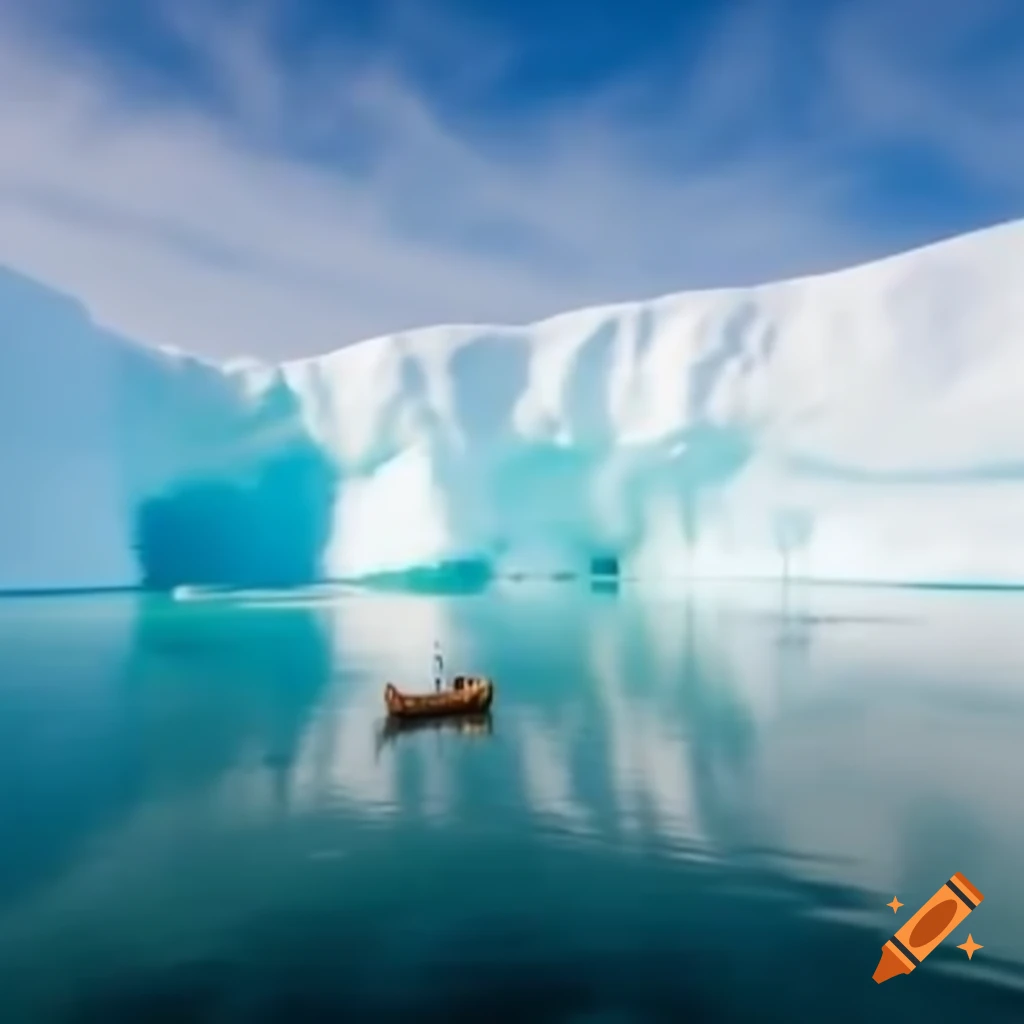 Small boat tied to an iceberg attempting to move it