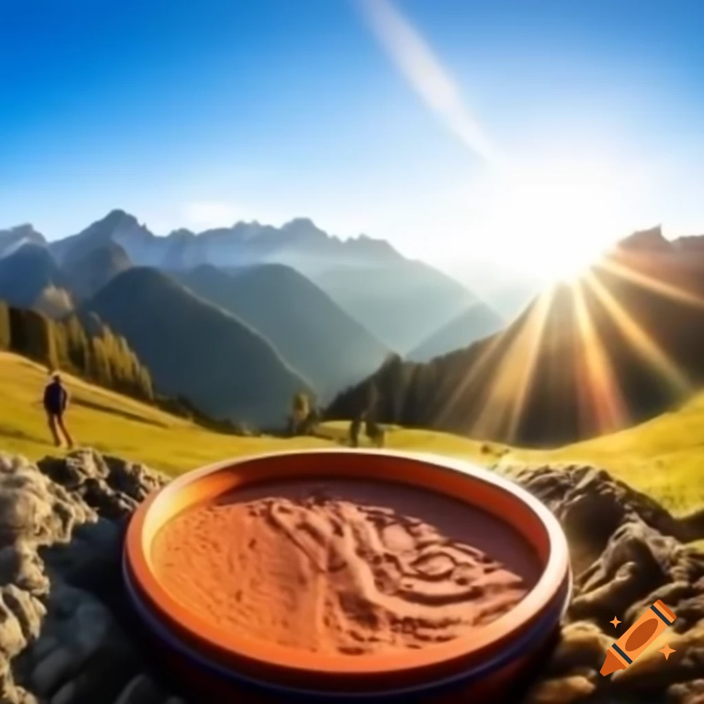 Powder compact in front of beautiful mountain scenery with sunny weather and hikers