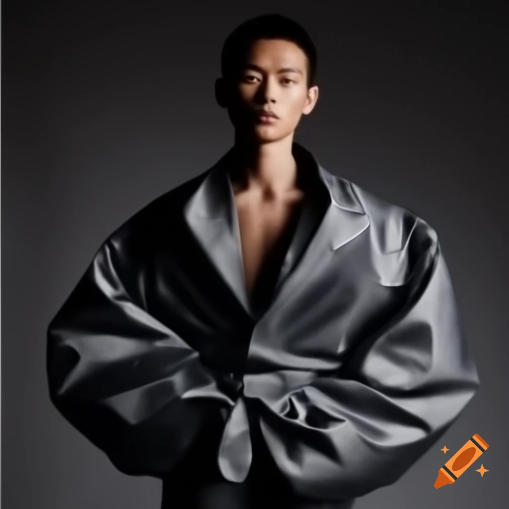 Asian model in oversized ding yun zhang jacket sample, full body fashion fitting