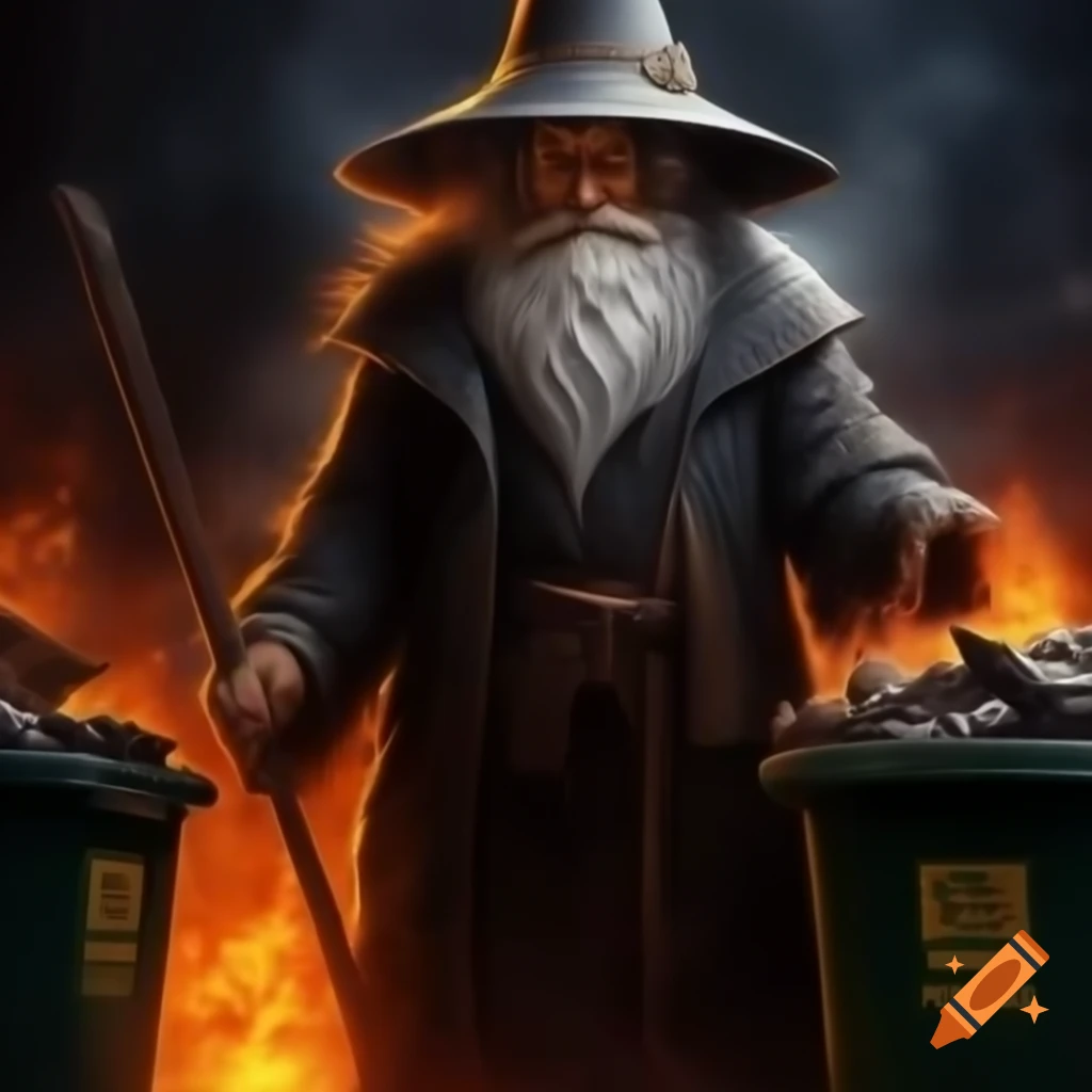 Old wizard standing next to a dumpster fire
