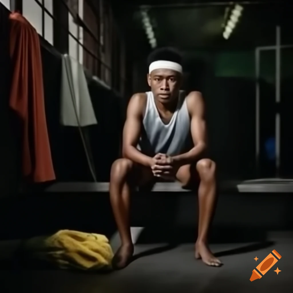 Frustrated Filipino man in dim gym, sitting on bench with towel