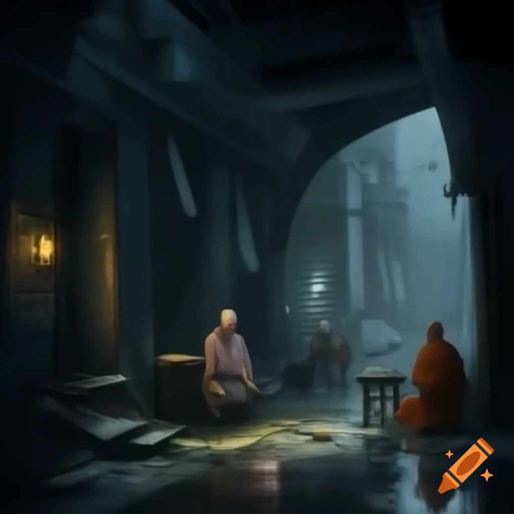 Rainy night in a ruined medieval tavern with beggars and monks