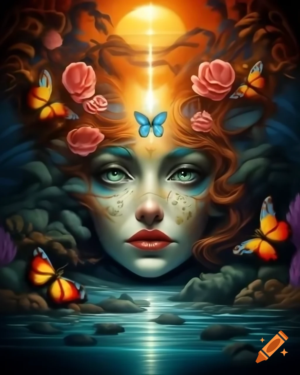 Ethereal woman of beauty with golden hair in a dreamlike landscape
