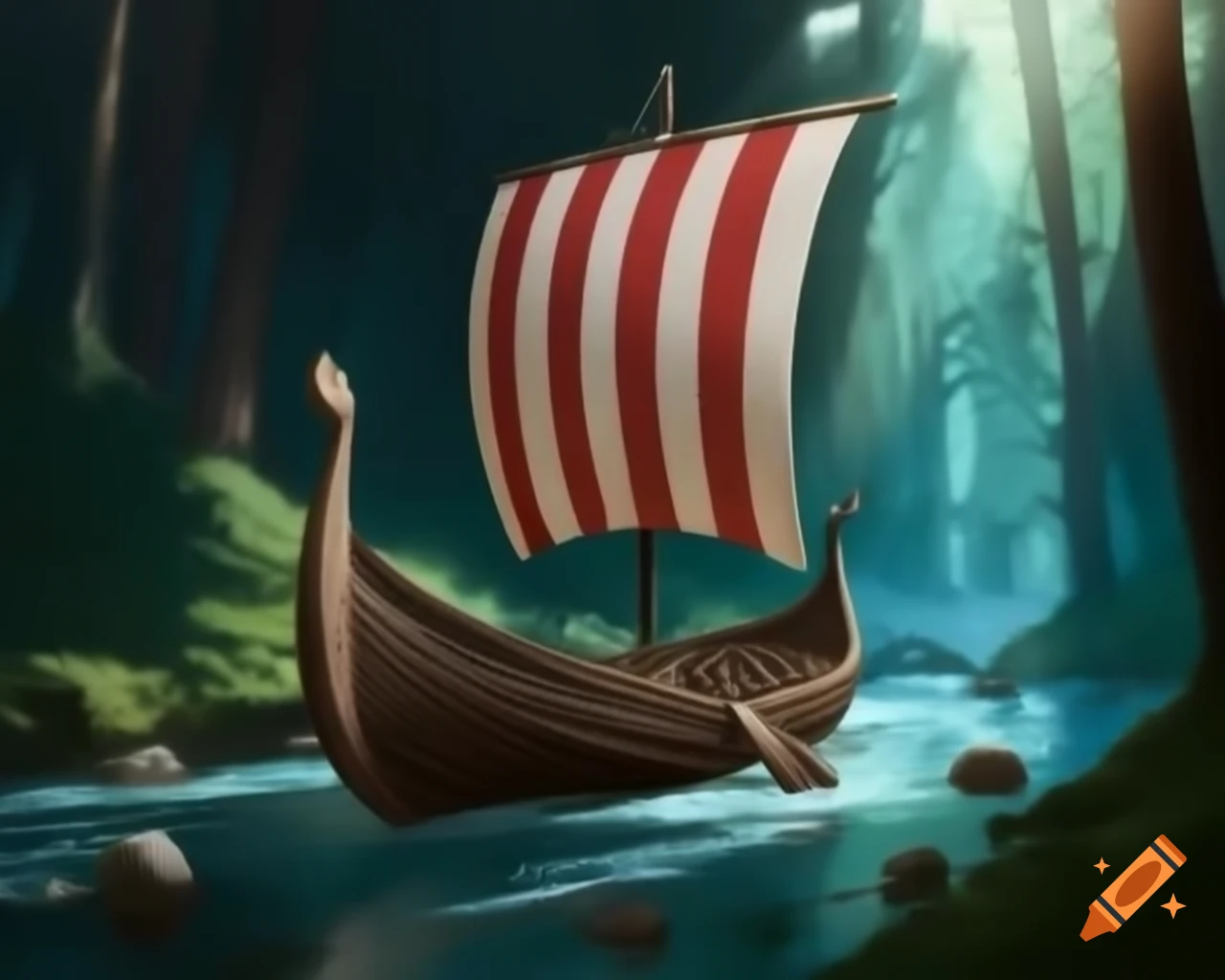 Viking ship navigating a river through a mysterious forest
