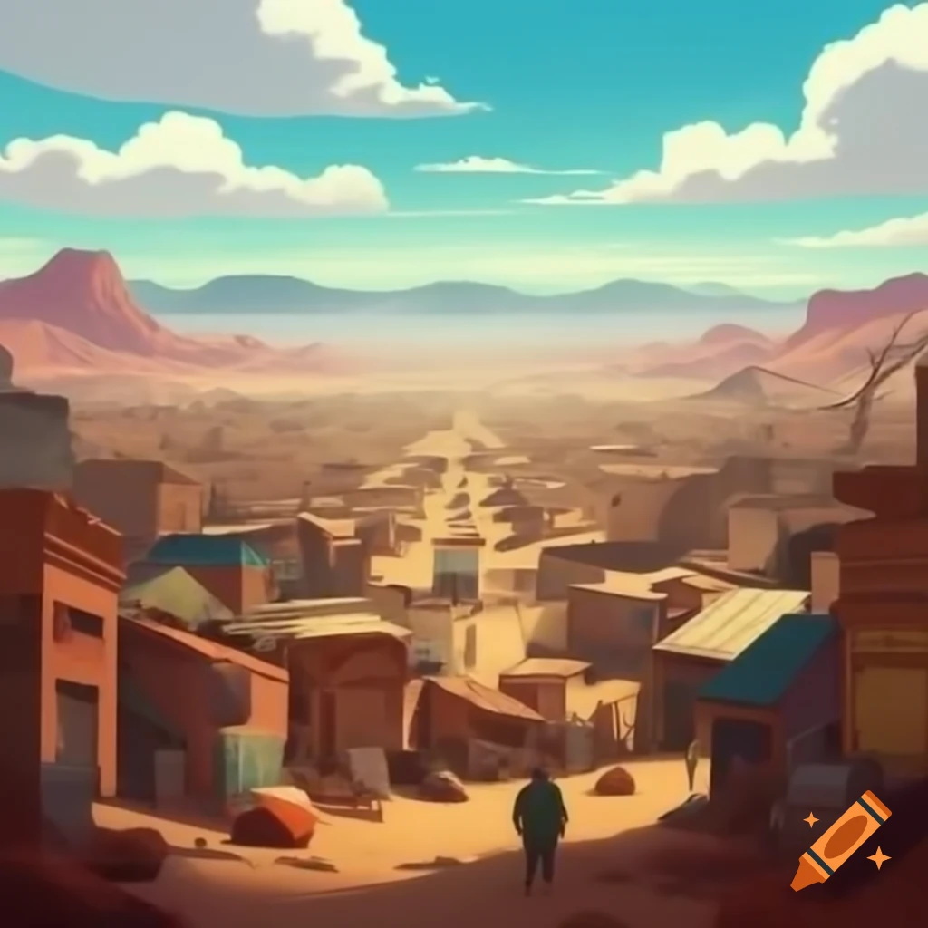 Busy desert town view in the distance