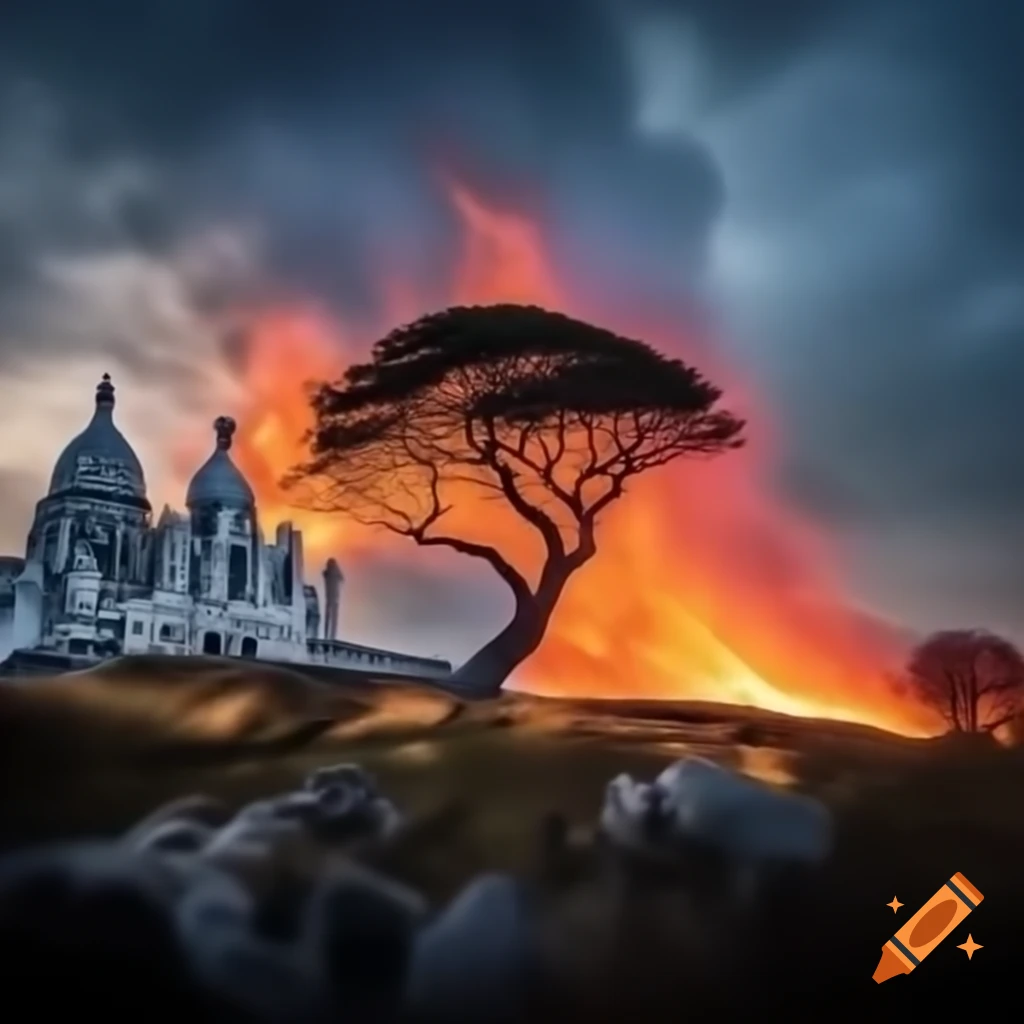 Sacred tree on fire in the sky with worshippers prostrating, shimmering stream flowing from the tree