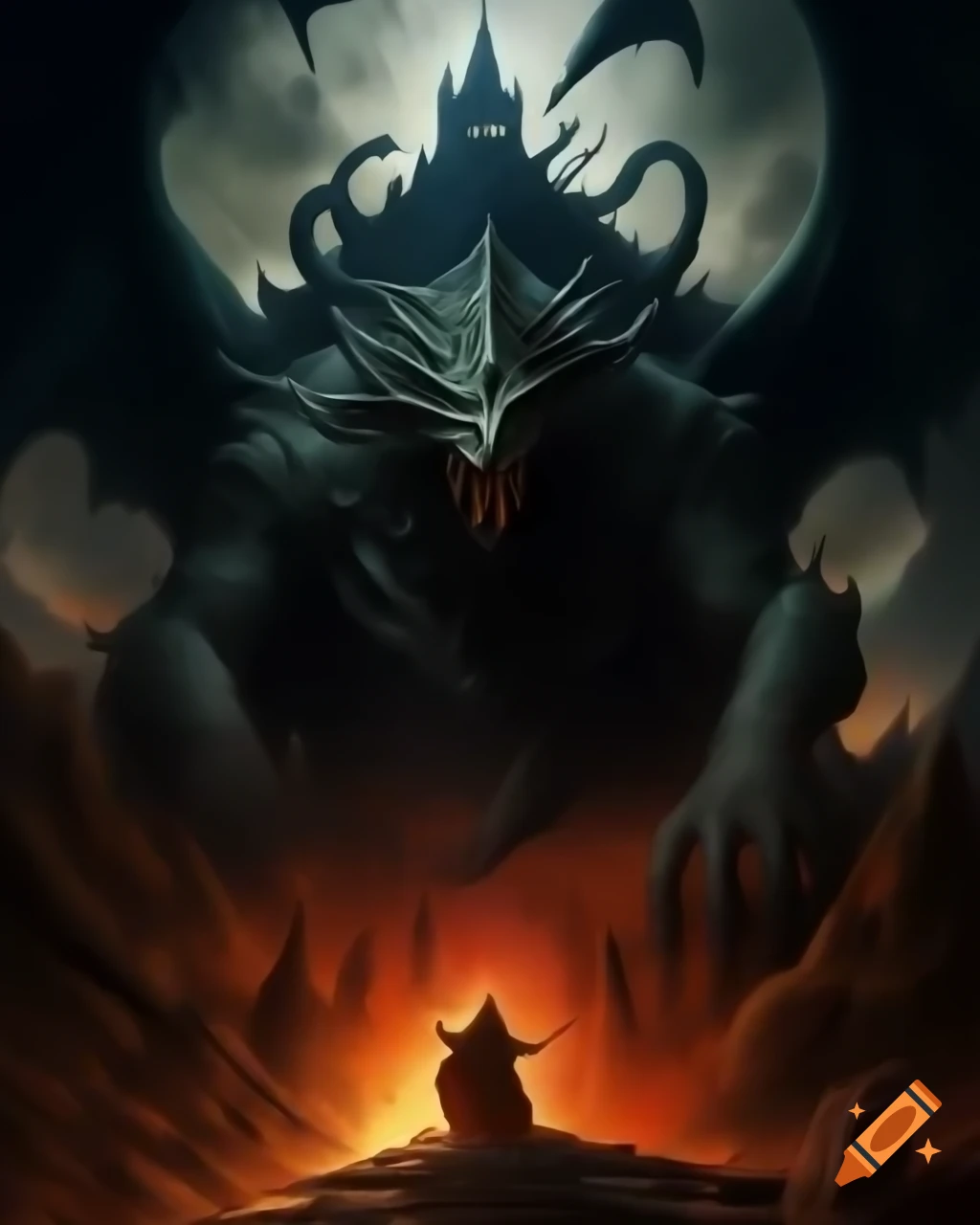 Dark fantasy scene of wizard atop mountain watching castle on fire, destroyed by dragon