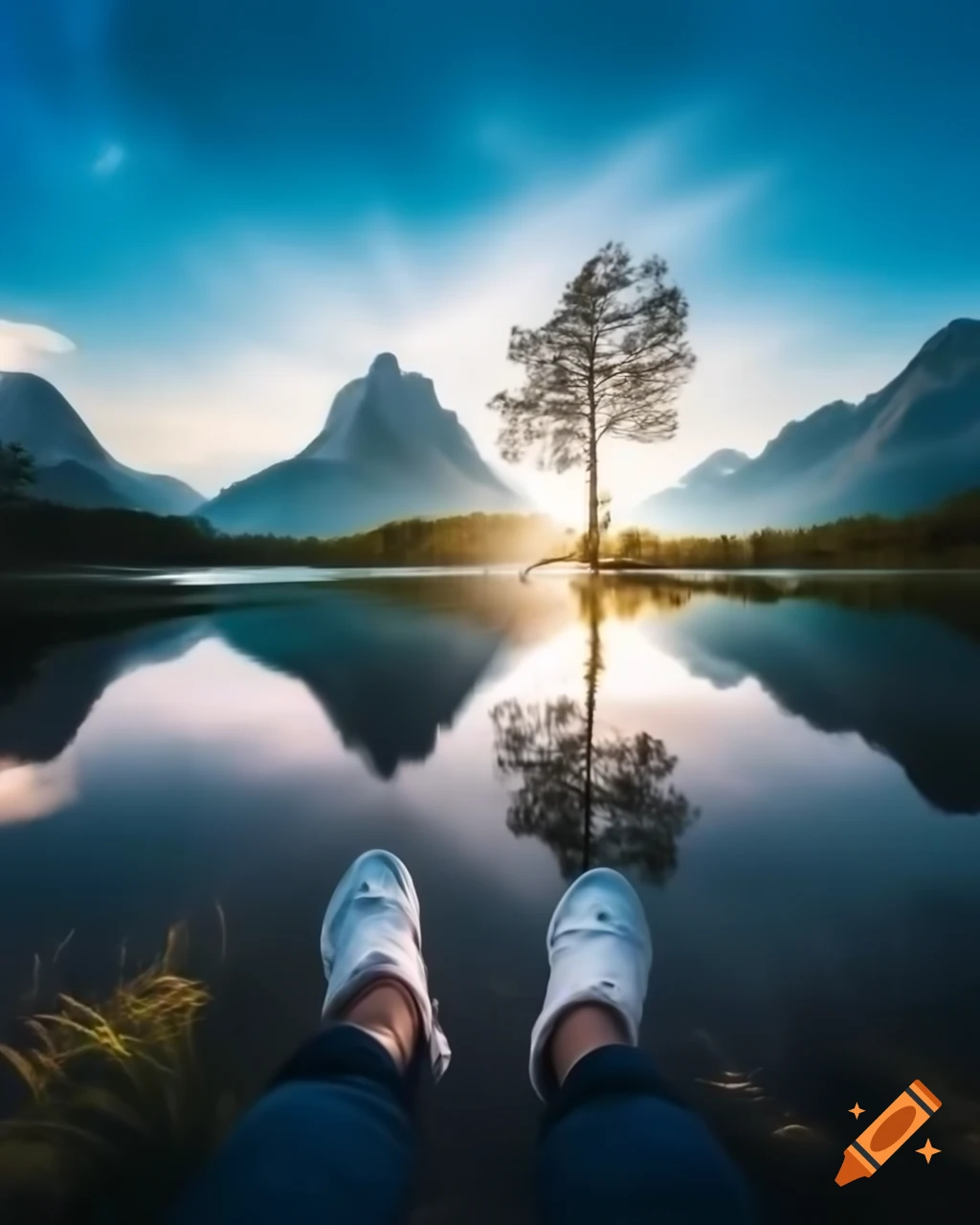 Majestic mountains with tranquil crystal-clear lake reflecting surroundings