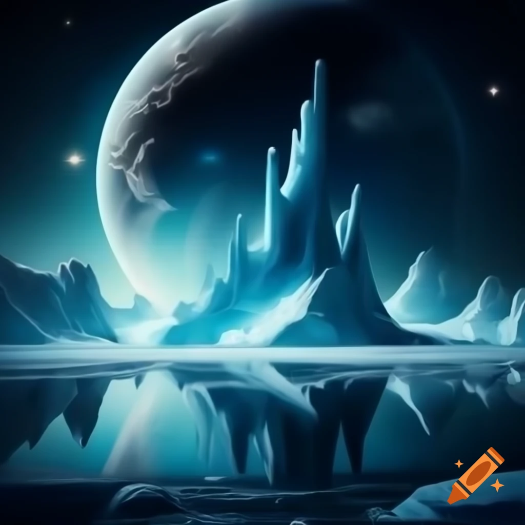 Frozen ruins on icy planet with starry sky, vintage sci-fi illustration