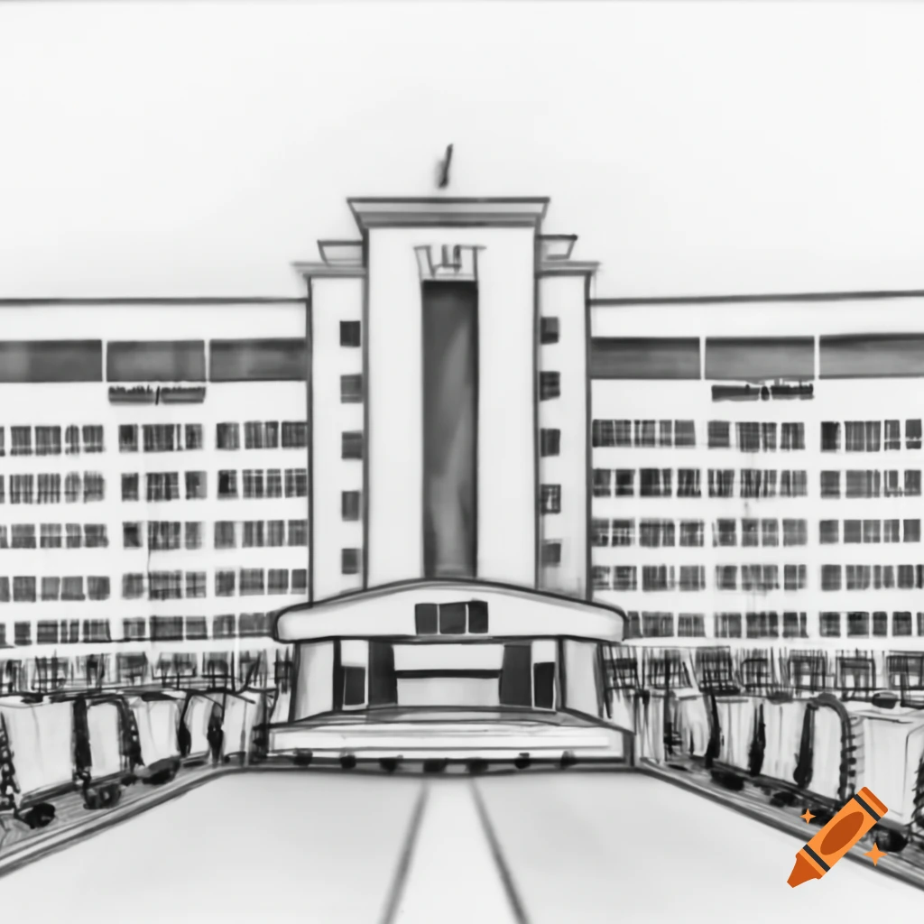 Pencil sketch of Indian hospital in straight front view, symmetric design
