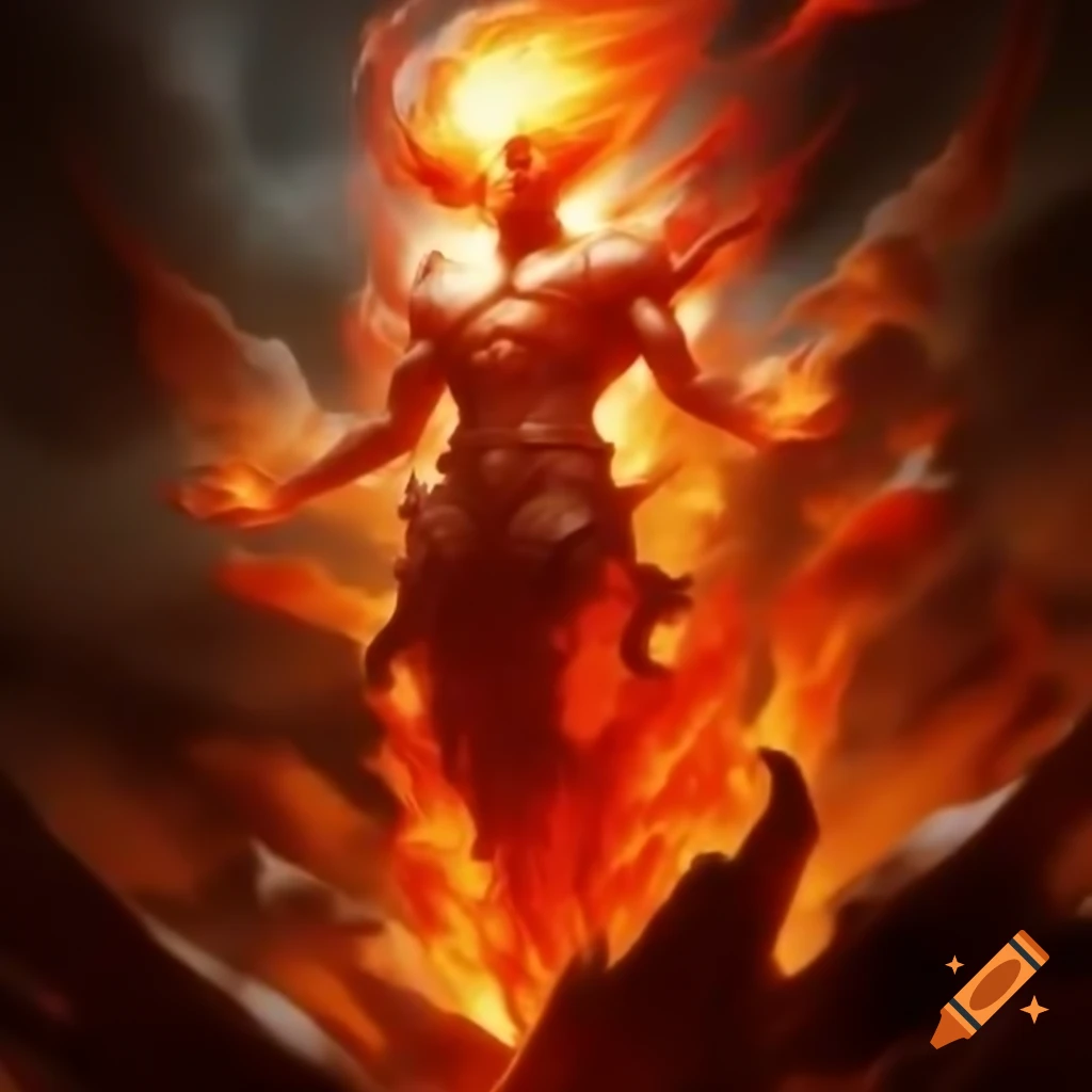 Fiery figure representing pyroptosis with dynamic flames and bursts