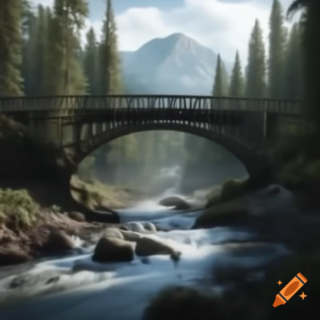 Realistic bridge crossing river in wilderness