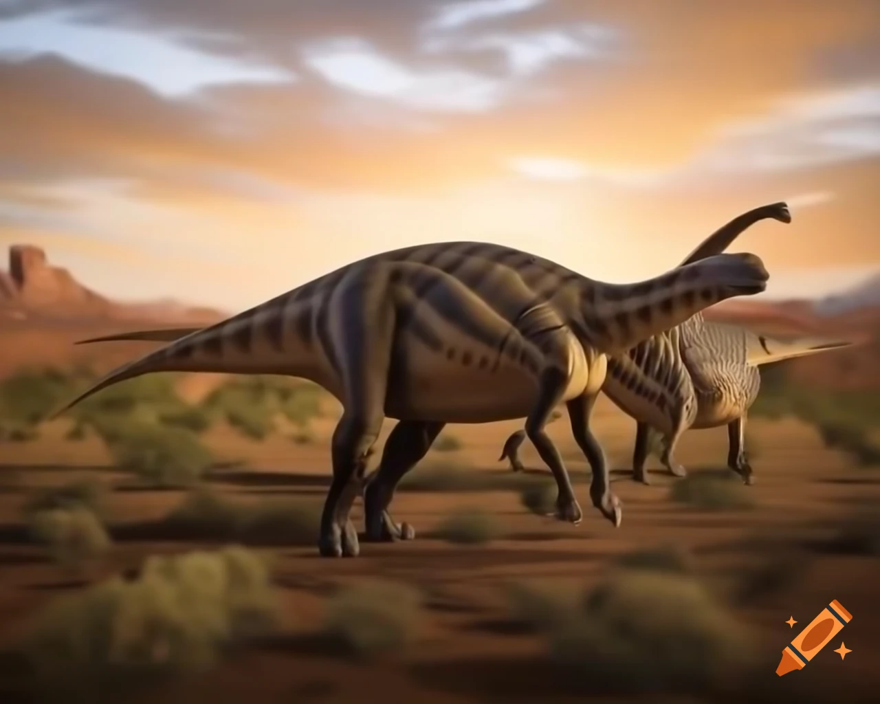 Hadrosaurus duo in desert landscape during golden hour