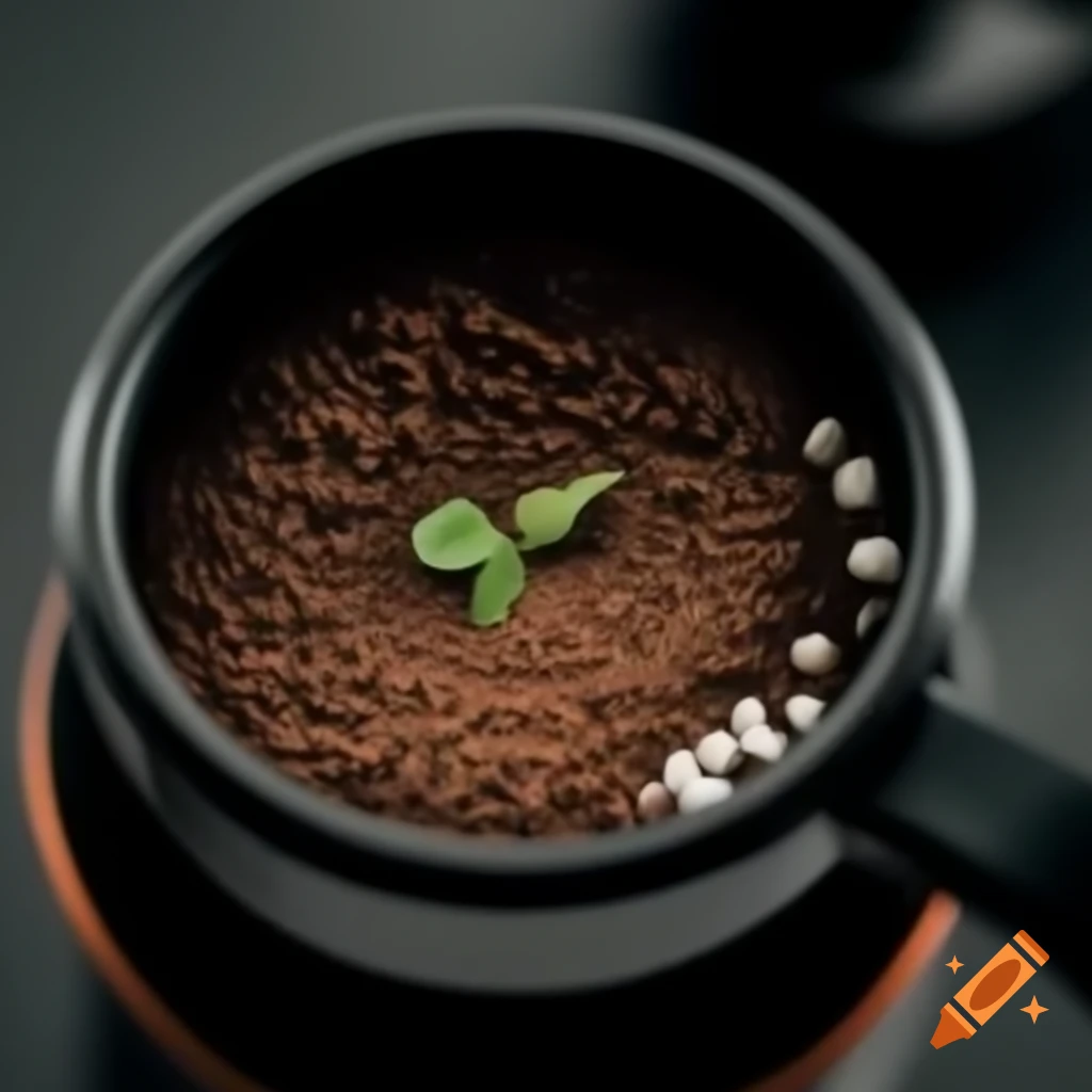 Close up of coffee filter with grounds and small green plant growing