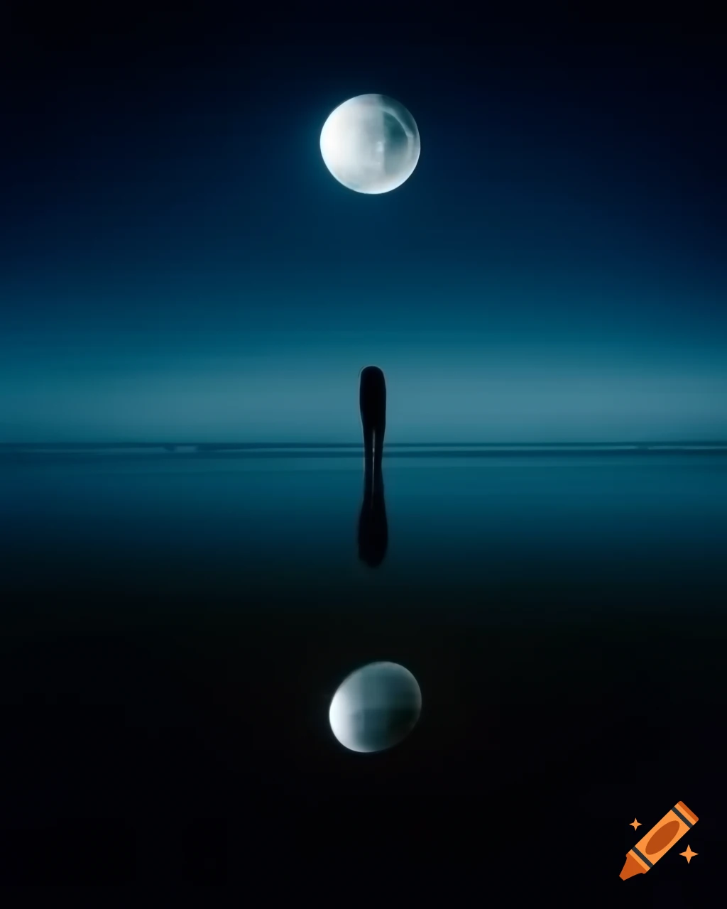 Solitary figure by dark water with distorted moon reflection, representing depression and loneliness