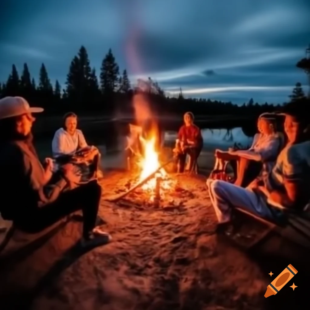 Group of people around campfire at dusk, enjoying food and conversation