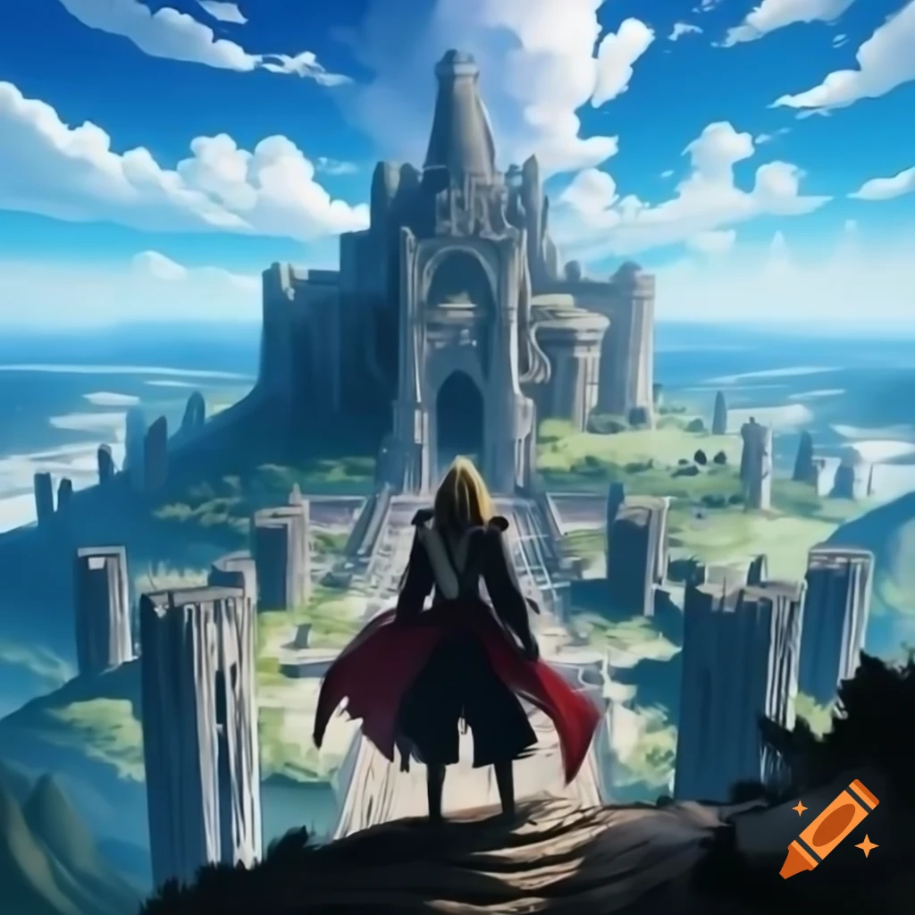 Alucard in castle ruins on a cliff, anime art style, Castlevania theme
