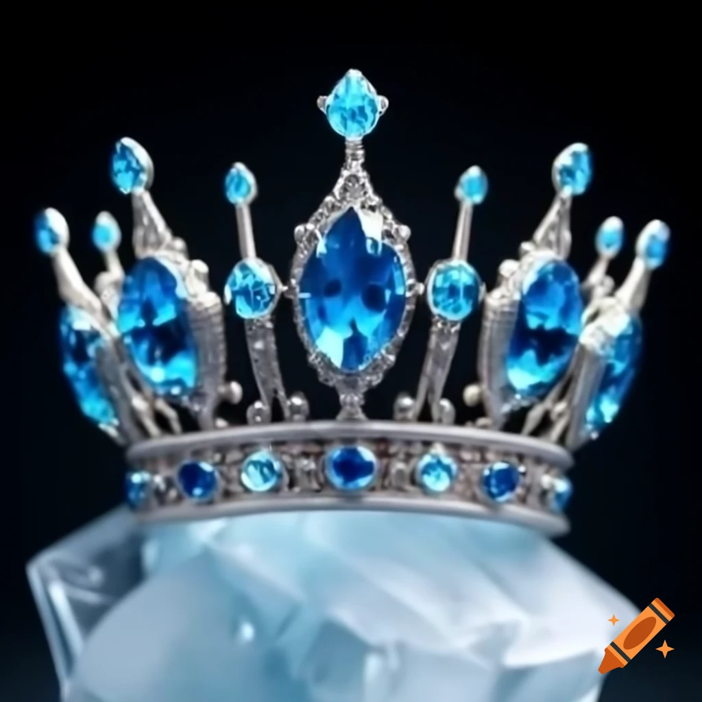 Crown adorned with sparkling blue gems resembling ice