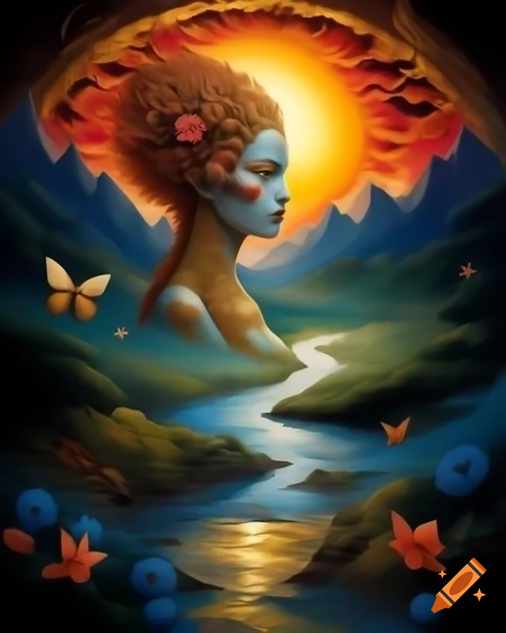 Ethereal woman of beauty with golden hair in a dreamlike landscape