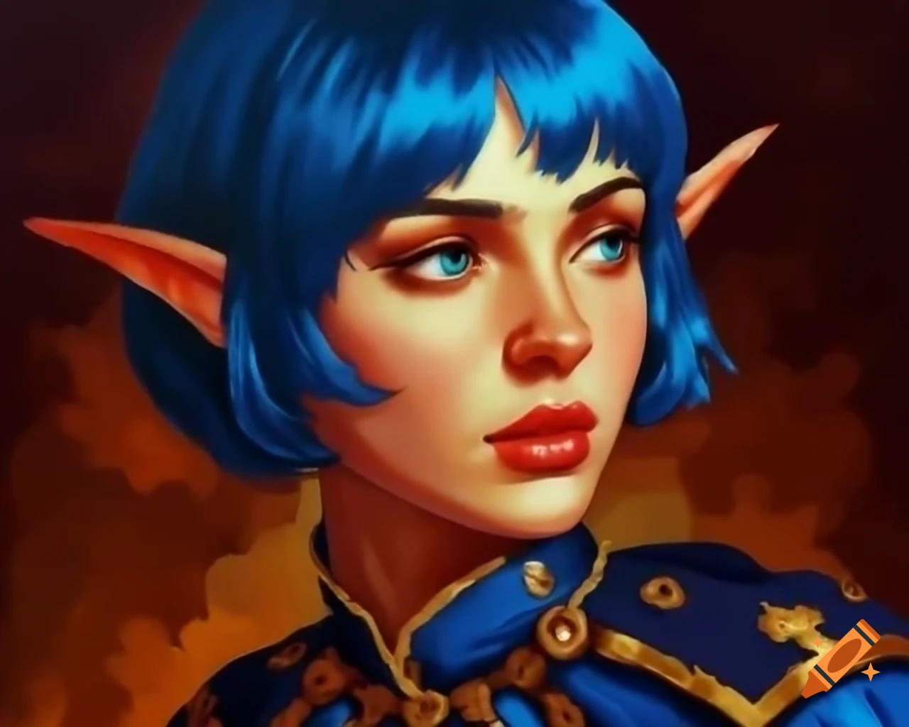 Retro pixelart portrait of blue-haired demi-elf in nomad village, Fire Emblem style