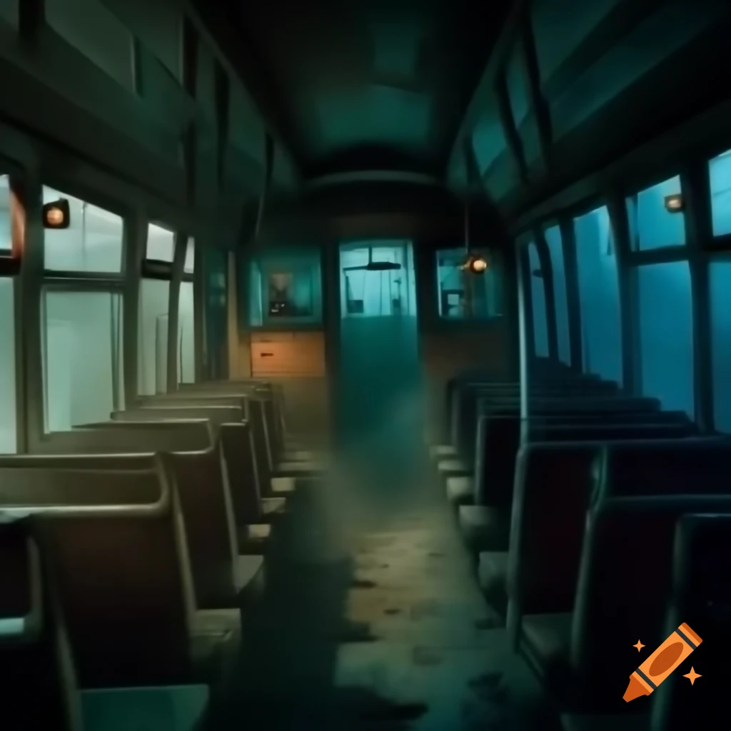 Eerie vintage night bus traveling through foggy street