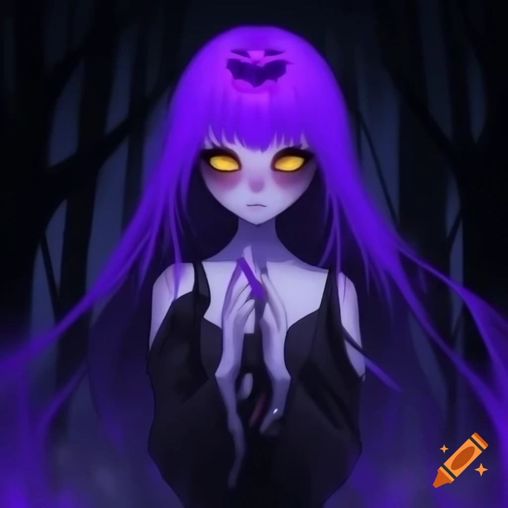 Creepy anime girl with purple hair in dark foggy forest