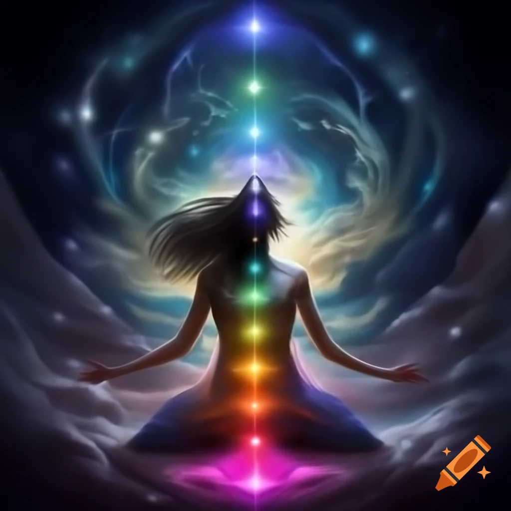 Album artwork of woman among stars with sacred geometry and glowing chakras