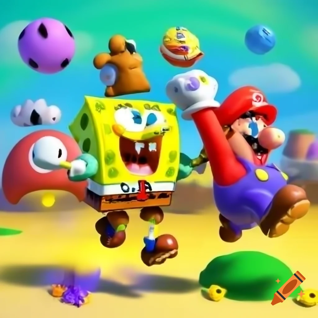 SpongeBob and Mario in a playful fight scene