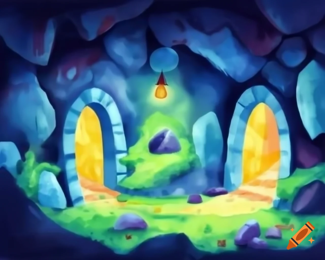 Cartoonish underground cave with three large exit tunnels, glowing light and shadowy path