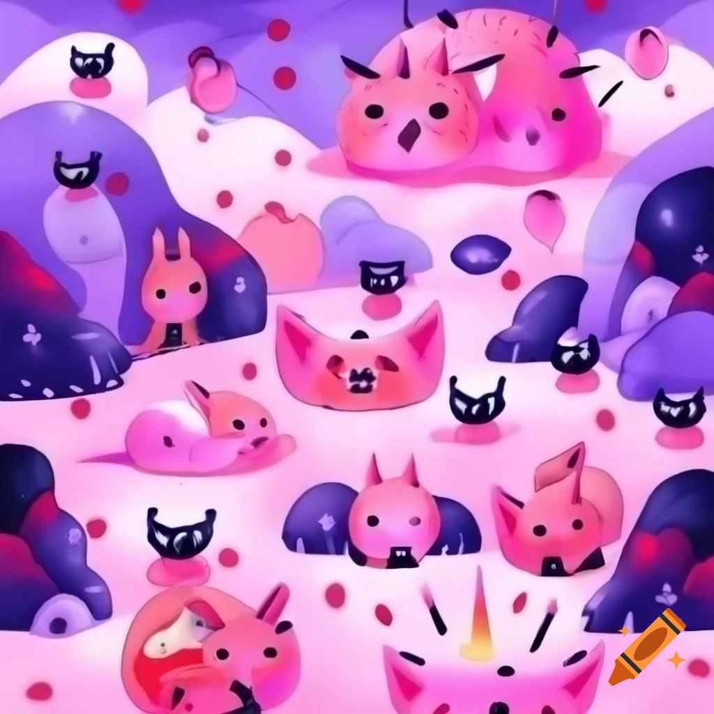 Cute devil horned kittens in colorful hell scenery, anime style