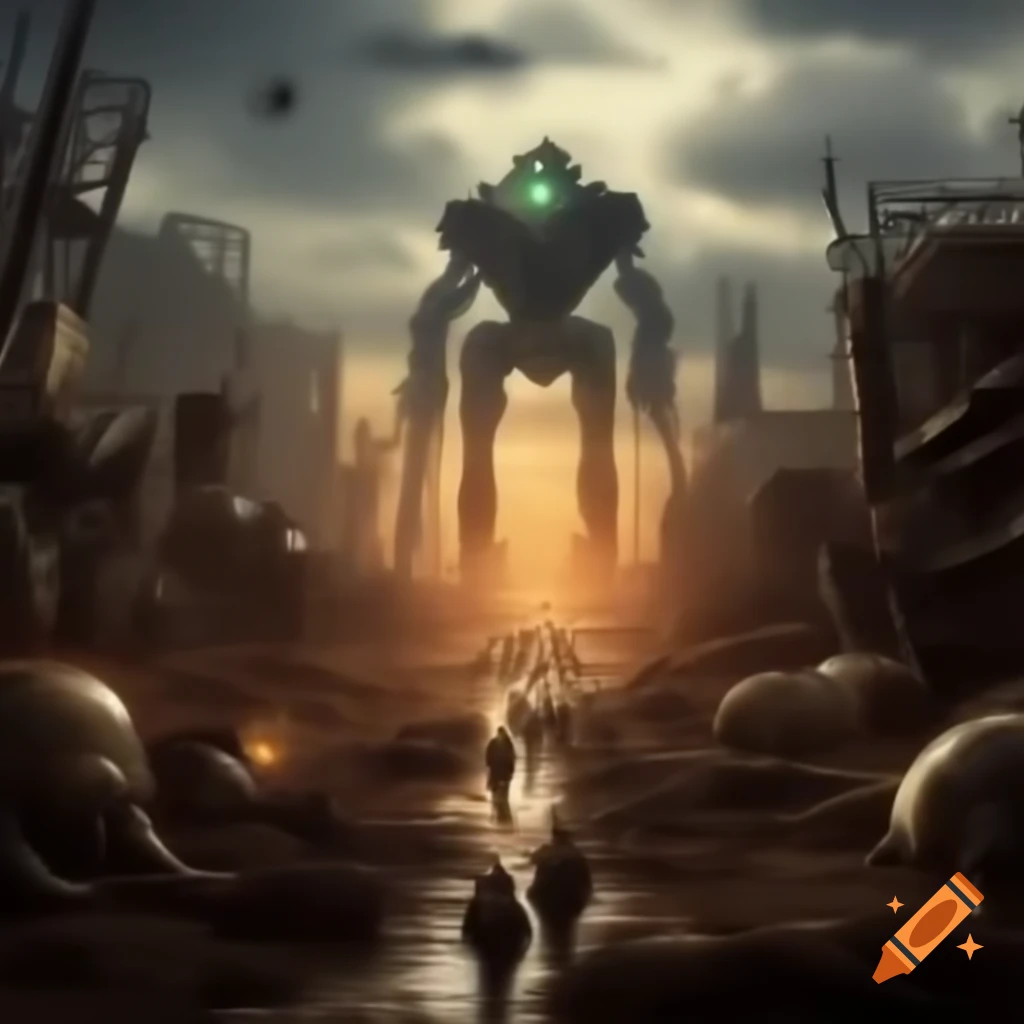 Post-apocalyptic wasteland with robotic soldiers and strange creatures