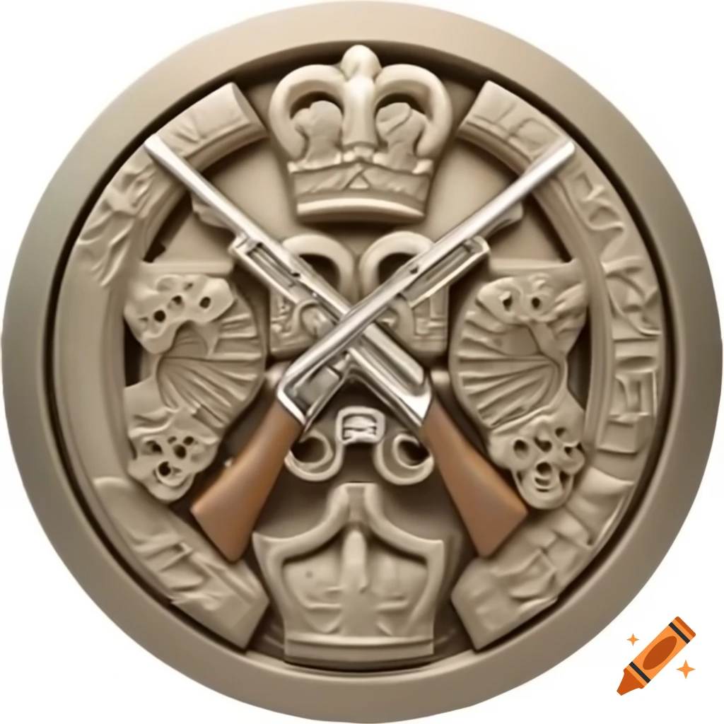 Bas relief emblem featuring western poker royal flush and guns