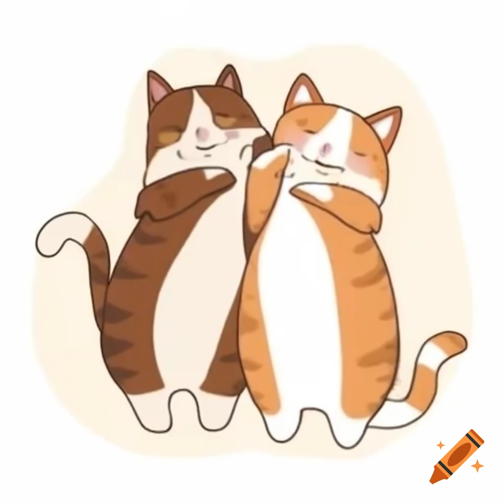 Two brown and white cats hugging and comforting each other