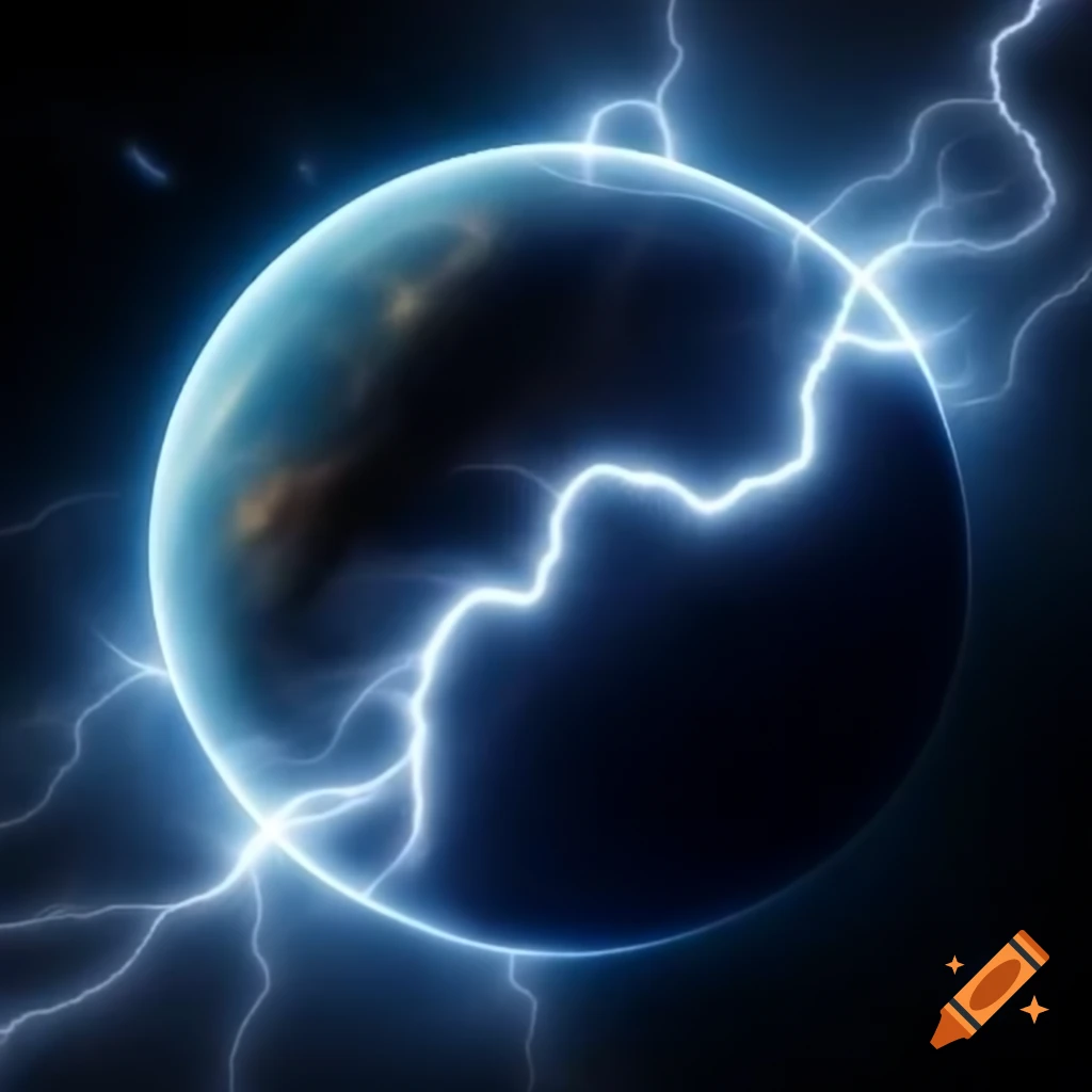 Lightning striking a planet in space