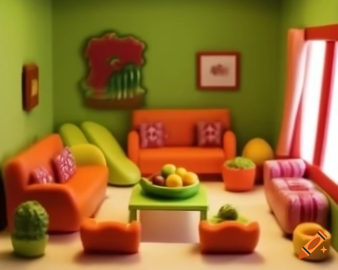 Miniature living room designed with fruit patterns and textures