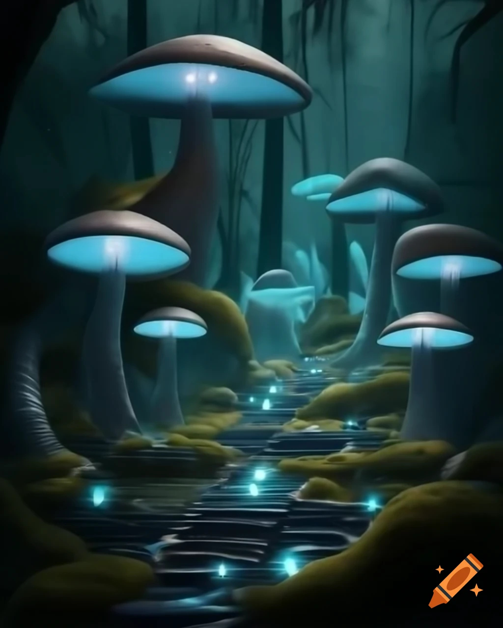 Surreal biopunk forest with glowing bioluminescent trees