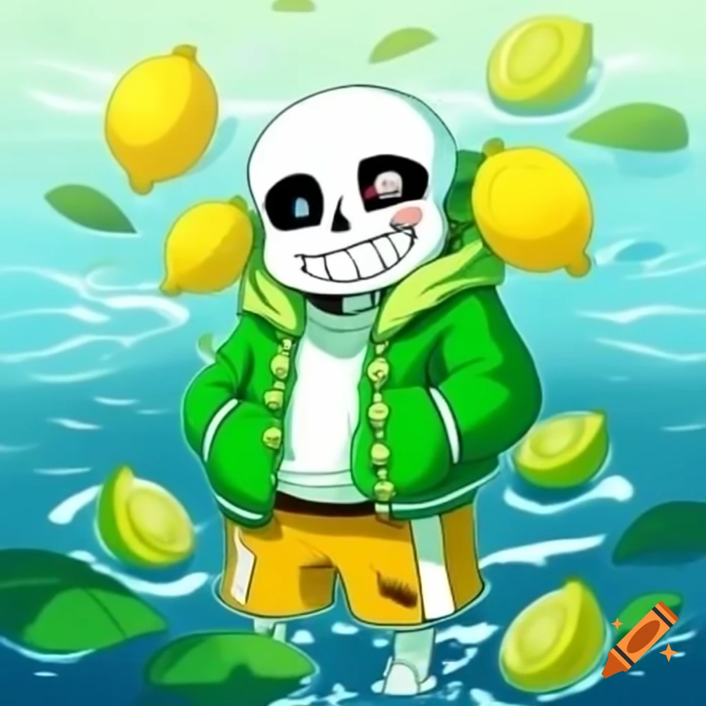 Character in green jacket and yellow pants floating with lemons and limes