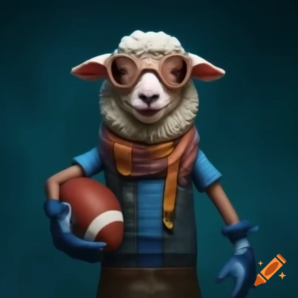 Lamb dressed as a shark holding a football