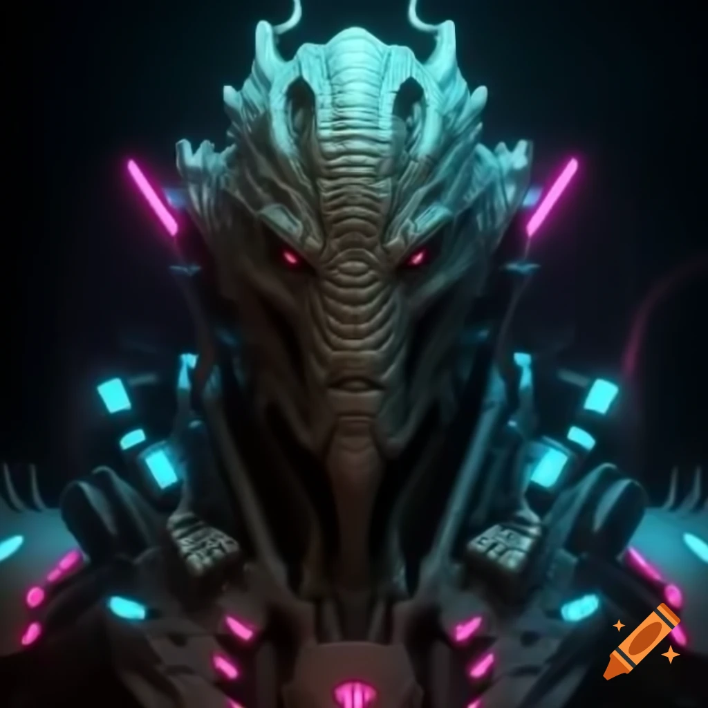 Cyberpunk mythical creature with neon lighting and holographic technology