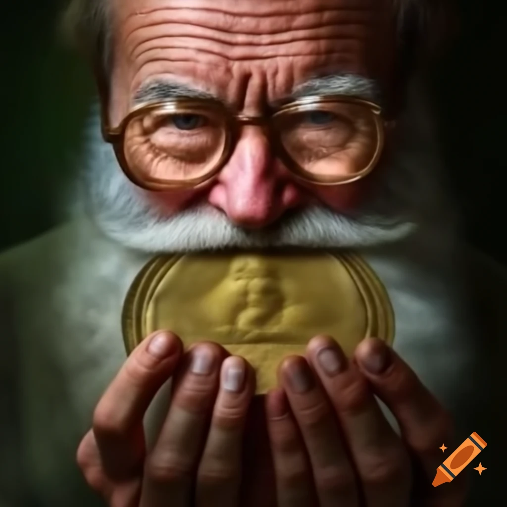 Person resembling old bitcoin shape with beard