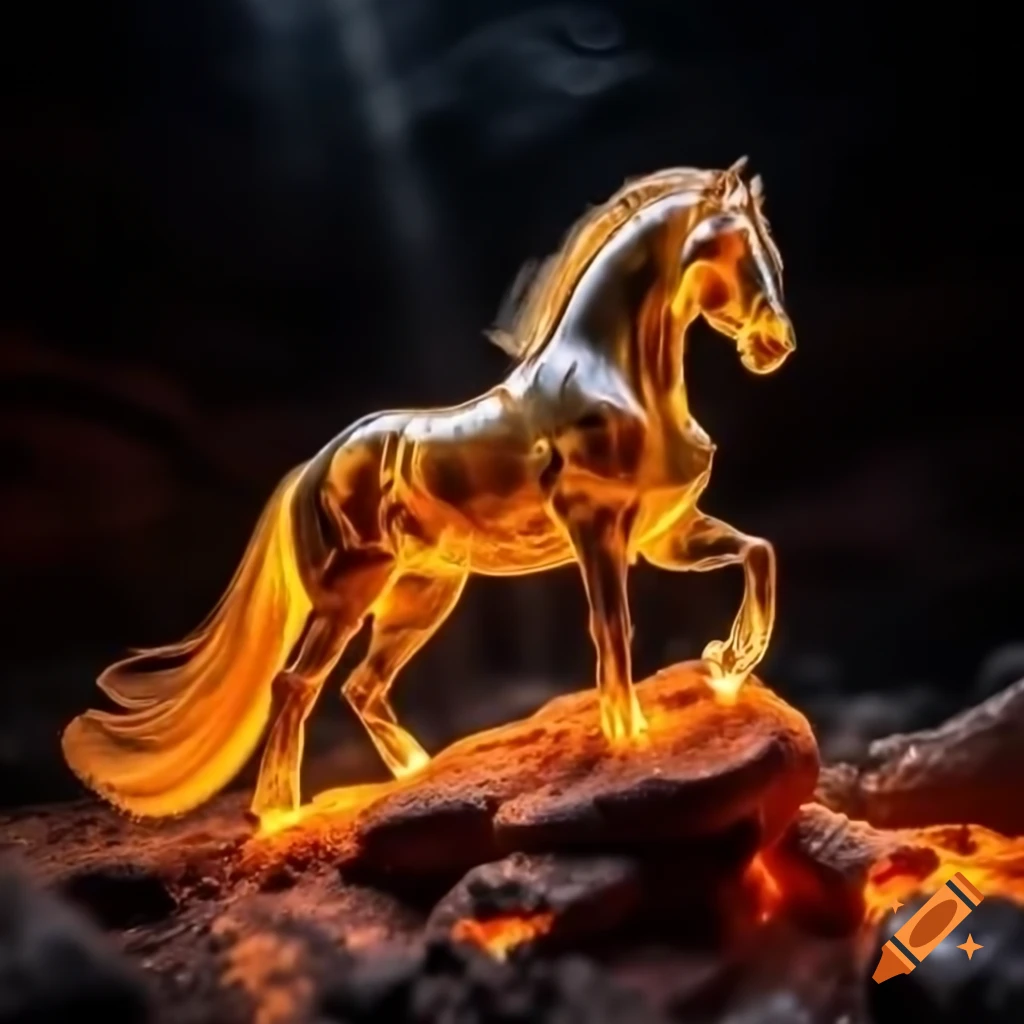 Amber horse sculpture with flowing mane on molten rock, dramatic lighting