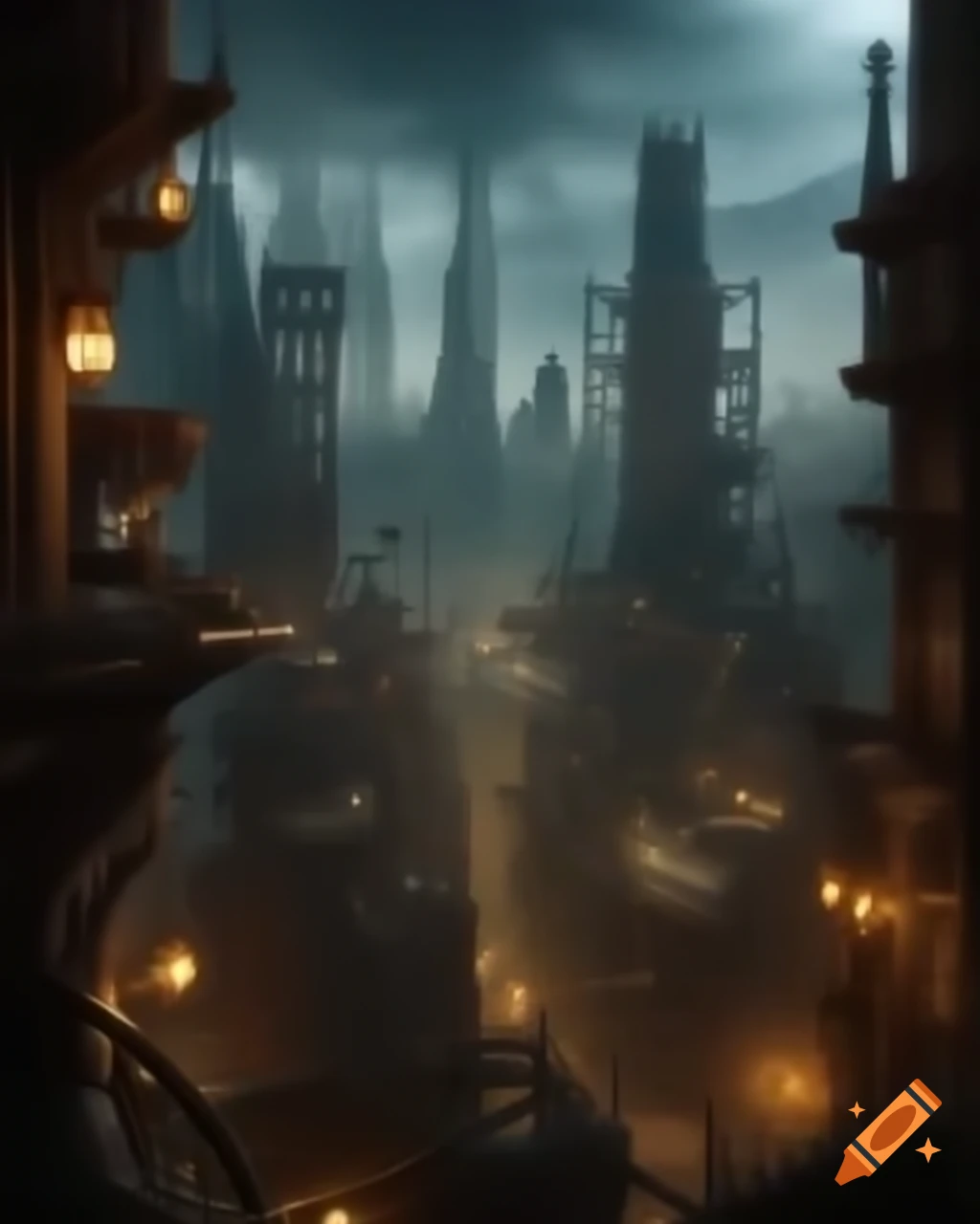 Grand cityscape with rusted skyscrapers and intricate clockwork machines