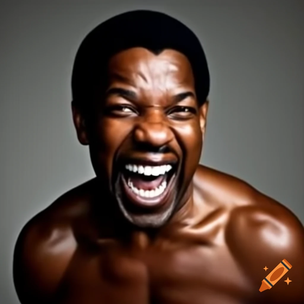 Exaggeratedly muscular figure of Denzel Washington laughing