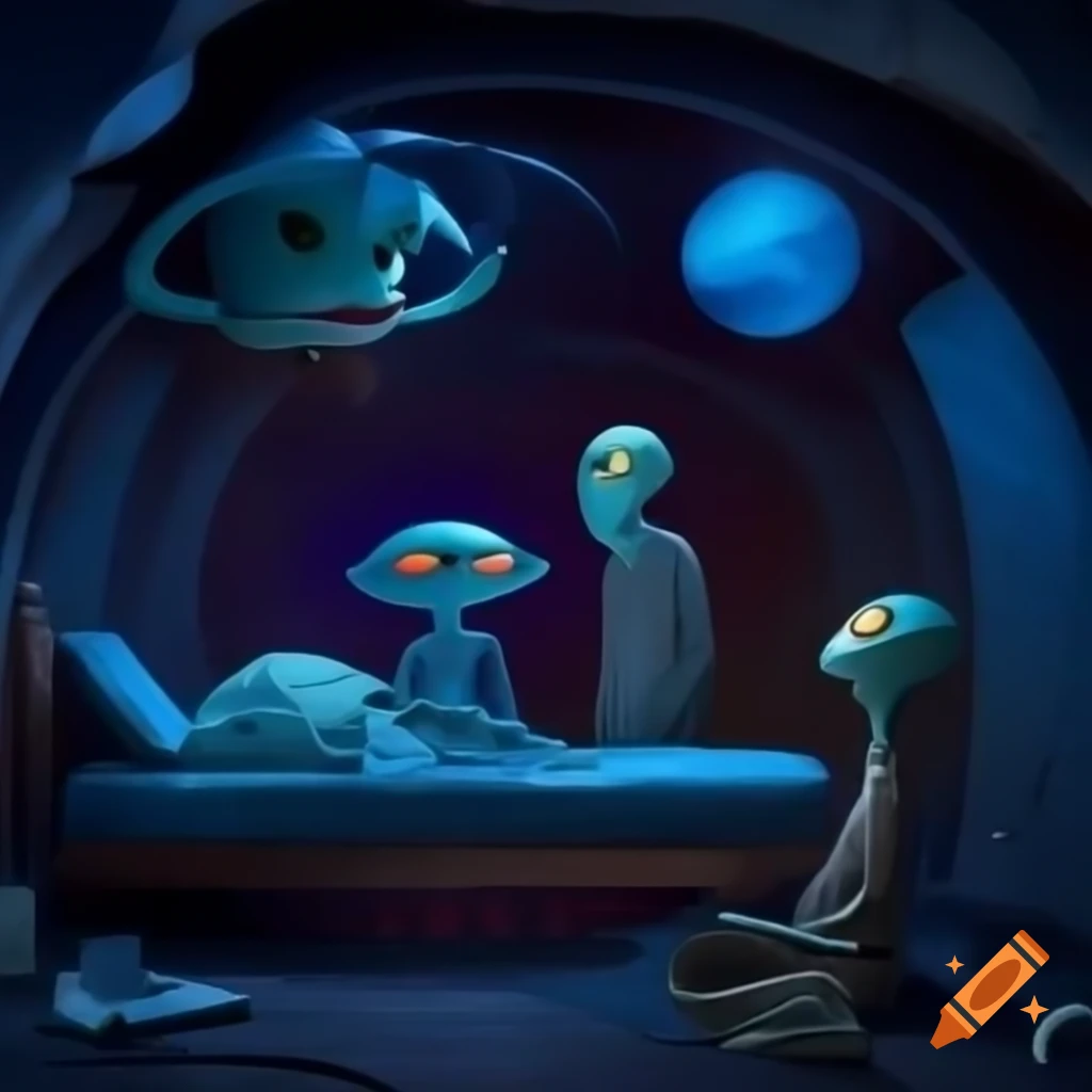 Surreal cosmic scene with aliens, amphitheater, and dream imagery