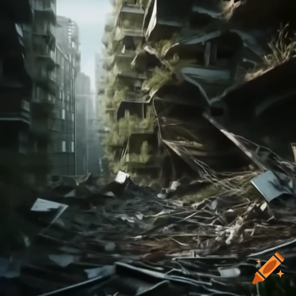 City with broken buildings overgrown with plants and roots