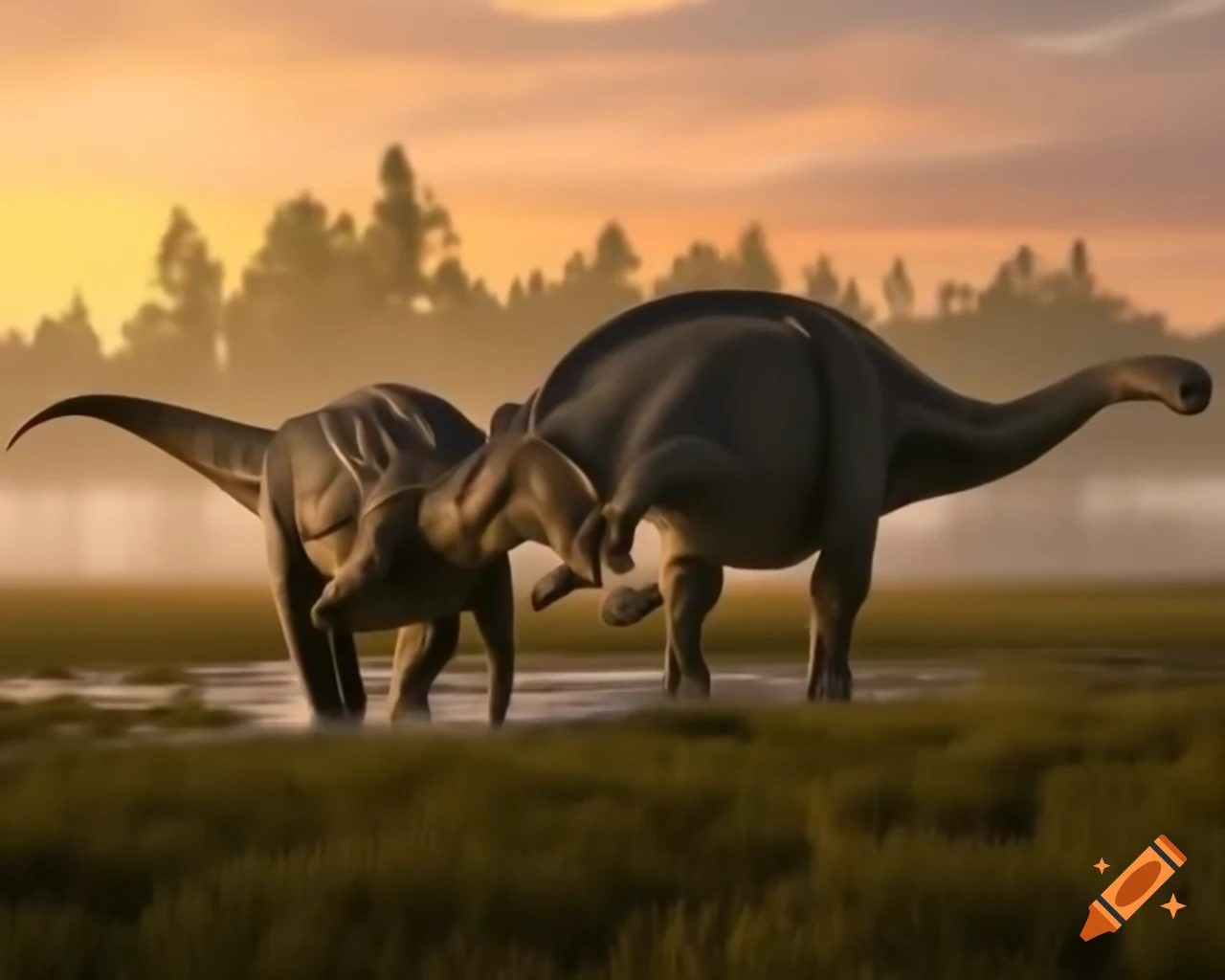 Hadrosaurus moving through marshland during golden hour